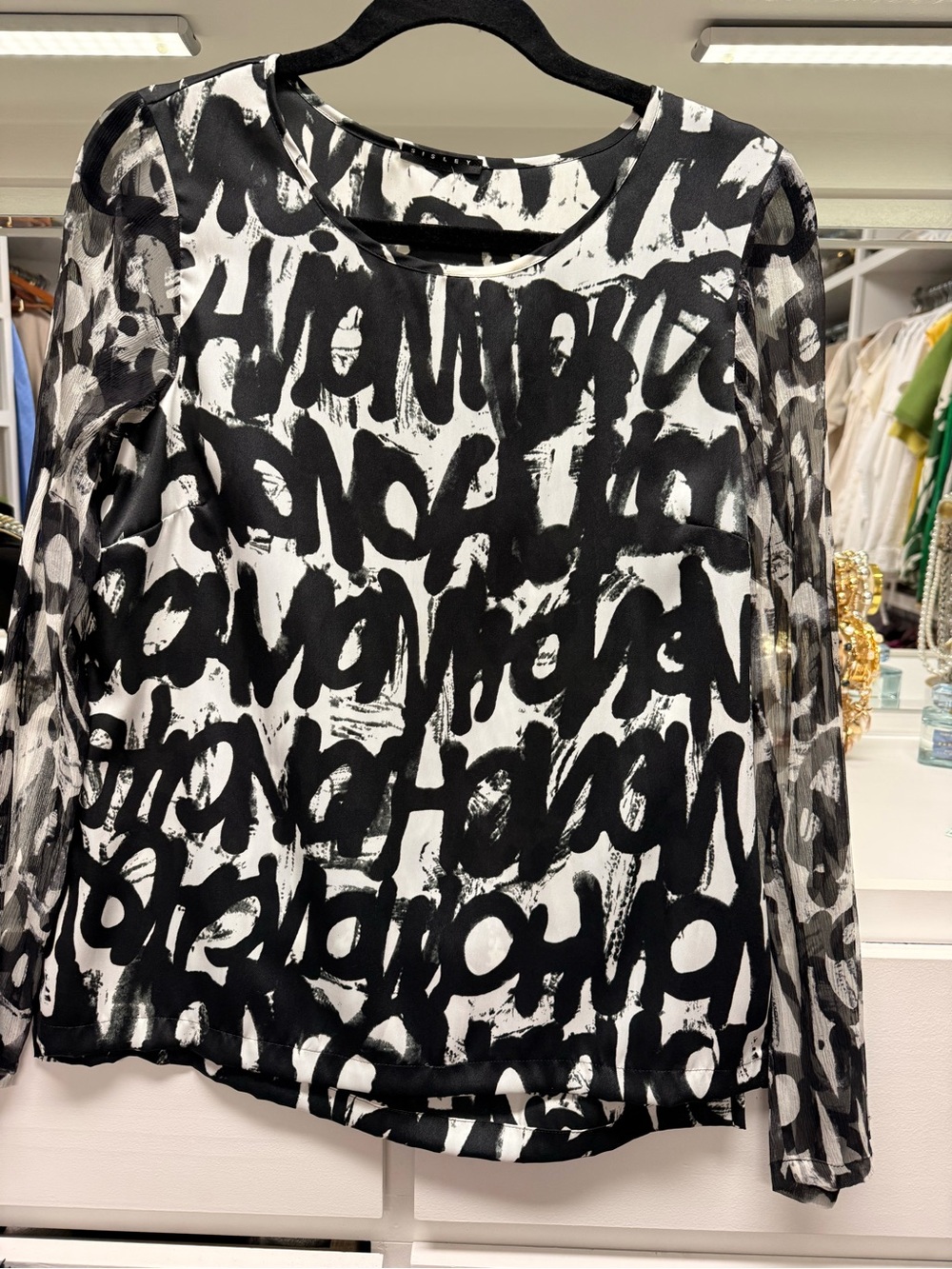 Sisley Black and White Script Print Sheer-Sleeve Blouse
